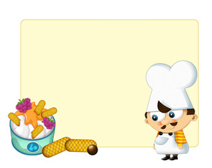 Cartoon happy scene with cook standing and watching on sweets - with space for text - illustration for children