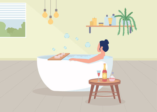 Woman taking bath flat color vector illustration. Lady taking care of herself. hygge atmosphere. Time for relax and recreation. Fully editable 2D simple cartoon character with bathroom on background