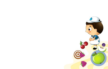 Cartoon happy scene with cook standing and watching on sweets - with space for text - illustration for children