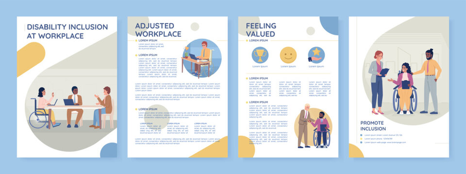 Disability inclusion at workplace flat vector brochure template. Booklet, leaflet printable flat color designs. Editable magazine page, reports kit with text space. Poppins, Quicksand fonts used