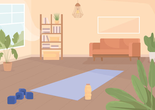 Place to exercise at home flat color vector illustration. Sports gym with dumbbells and water bottle. Active lifestyle. Fully editable 2D simple cartoon interior with living room on background
