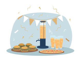Bachelor party food 2D vector isolated illustration. Beer with pizza, hamburgers flat composition on cartoon background. Stag party. Colourful editable scene for mobile, website, presentation