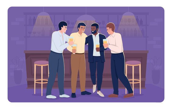 Male friends relaxing in bar after work hours flat color vector illustration. Participating in bachelor party. Fully editable 2D simple cartoon characters with bar counter on background
