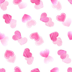 Bright pink hearts of different textures on a white background. Watercolor illustration. Seamless pattern from the VALENTINE'S DAY collection. For packaging paper, decoration and design.