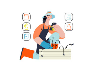 Shop now - Online shopping and electronic commerce series - modern flat vector concept illustration of a woman gardening and shopping online. Promotion, discounts, sale and online orders concept