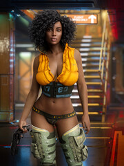 Portrait of beautiful fantasy futuristic soldier woman standing in her space ship holding a gun. 3D rendering.