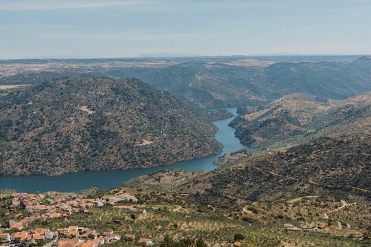 Aerial view of the winding Durao river in Portugal