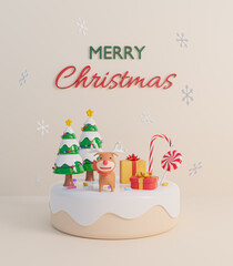 White snow cake christmas, anniversary and celebration for winter season on pink pastel background. postcard concept. 3d render illustration