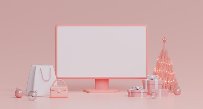 Computer template with blank screen display. Shopping bag, giftbox and Christmas tree. Computer monitor in Christmas winter design pink pastel background. Cartoon mockup laptop. 3d render illustration