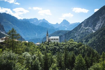 Aerial of a church in Valle di Cadore commune in Italy.