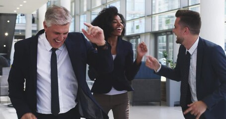 Office, party and business people dance for success, celebration and good news for startup goal in office. Happy, team and celebrate victory, achievement and accomplishment with teamwork at work