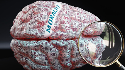 Morality and human mind - hundreds of crucial concepts related to Morality projected onto a cortex to fully demonstrate broad extent of this topic,3d illustration