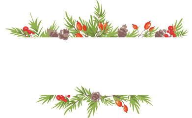 Christmas backgrounds. Blank for a congratulatory inscription. Vector illustration with fir branches, red berries and cones.