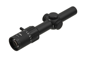 Modern optical sight for sniper rifles. Aiming device for shooting at long distances. Isolate on a white back.