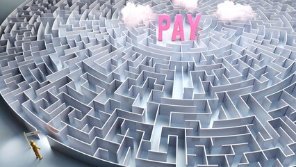 Pay and a difficult path, confusion and frustration in seeking it, hard journey that leads to Pay,3d illustration
