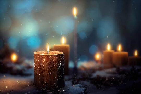Beautiful Christmas candles in wooden candle holders on snow on a blue bokeh background, AI generated image