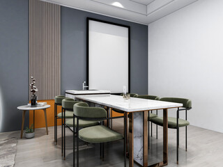 3D rendering, spacious dining room design next to the modern kitchen, with a beautiful dining table and greenery