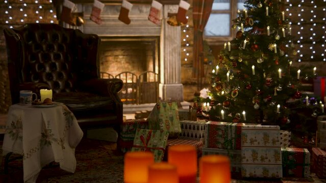 Weihnachtliche Stimmung mit Kamin in einer Blockh&uuml;tte