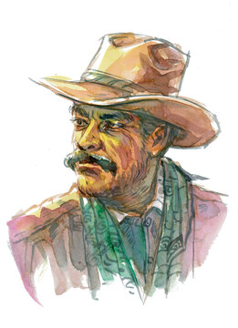 a cowboy in a hat watercolors for card illustration decoration 