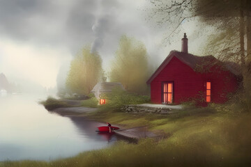  red wooden cottage by the lake, dusk,  tranquility