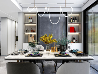 3D rendering, spacious dining room design next to the modern kitchen, with a beautiful dining table and greenery