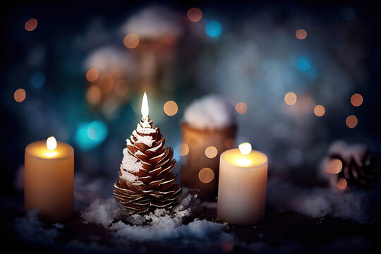 Beautiful Christmas candles and cones, blue bokeh background, AI generated image