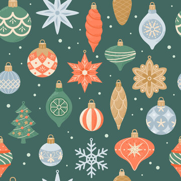 Merry Christmas, seamless pattern with cute vintage hanging decorations. Vector illustration in flat cartoon style