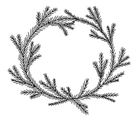 Hand drawn wreath of Christmas tree branches in doodle style.