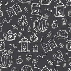 Autumn seamless pattern. Monochromatic doodle elements, nature and forest symbols. Hand drawn texture, scandinavian style decor. Cold weather, harvest and animals.