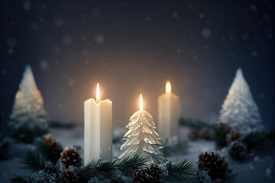 White Christmas candles with spruce branches and cones, AI generated image