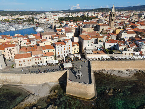 Drone view at the historical town of Alghero on Sardinia, Italy