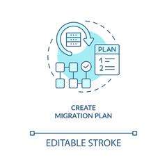 Create migration plan turquoise concept icon. Moving website to new platform abstract idea thin line illustration. Isolated outline drawing. Editable stroke. Arial, Myriad Pro-Bold fonts used
