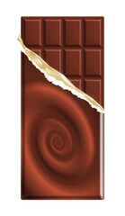 Milk chocolate bar in a wrapper with chocolate swirl, PNG isolated on transparent background	