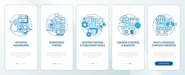 Key CMS advantages blue onboarding mobile app screen. Walkthrough 5 steps editable graphic instructions with linear concepts. UI, UX, GUI template. Myriad Pro-Bold, Regular fonts used