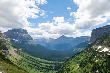 Scenic aerial view of the valley of Glacier National Park on a sunny day