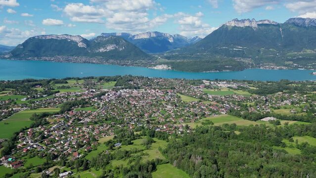 Lake Annecy and Villages in French Alps - Aerial Scenic Panorama Background