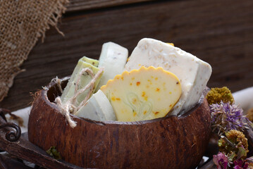Handmade Soap with bath and spa accessories. White soap composition with flowers
