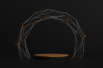 Gold elegant product background abstract stand or podium pedestal on golden display with luxury backdrops. 3D rendering.