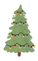 Tall Christmas tree hand drawn decorated with lights Christmas tree, isolated vector illustration