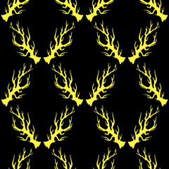 illustration with animal gold horns silhouettes isolated on black background. Seamless pattern.