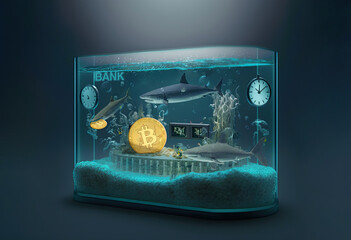 Bitcoin crypto-bank exchange in sharks aquarium. Glass bank vault with Bitcoin and altcoins tokens with sharks swimming in tank. Concept of speculative finance and lack of regulation in crypto custody