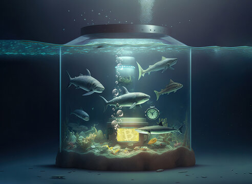 Glass tank with sharks swimming among Bitcoin and altcoin tokens of a crypto-bank exchange. A speculative finance concept and a lack of regulation in crypto custody on black background and copy space