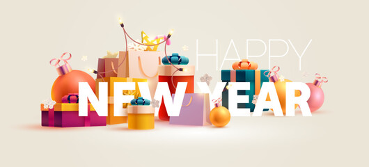 Happy New year poster 2023. White numbers with colorful gift boxes and Christmas decoration. Bright greeting card design.