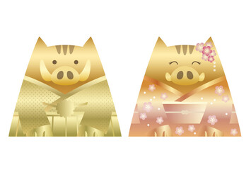 Wild boar metallic mascots dressed in japanese kimono