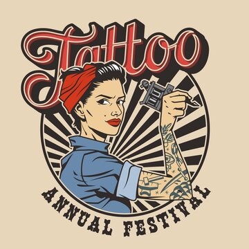 Vintage colorful tattoo festival label