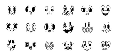 Retro 30s cartoon mascot characters funny faces big set. 40s, 50s, 60s old animation eyes and mouths elements. Vintage comic emotions for logo vector. Smiley, happy, sad, cheerful, surprised. Isolated