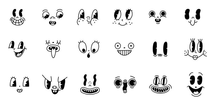 Retro 30s cartoon mascot characters funny faces big set. 40s, 50s, 60s old animation eyes and mouths elements. Vintage comic emotions for logo vector. Smiley, happy, sad, cheerful, surprised. Isolated