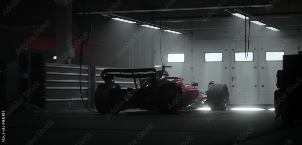 Wall mural back view silhouette of a modern generic sports racing car standing in a dark garage on a pit lane, 