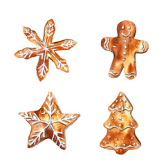 Fototapeta na wymiar Winter Christmas watercolor illustrations gingerbread cookies
