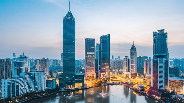 Timelapse of dusk scenery of Northwest Lake CBD buildings in Hankou, Wuhan, Hubei, China